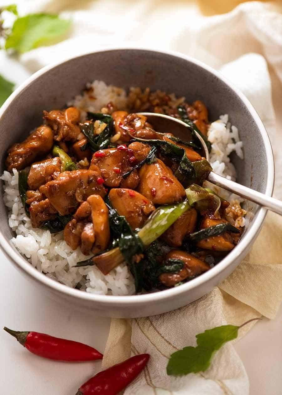 Thai basil chicken stir fry dish